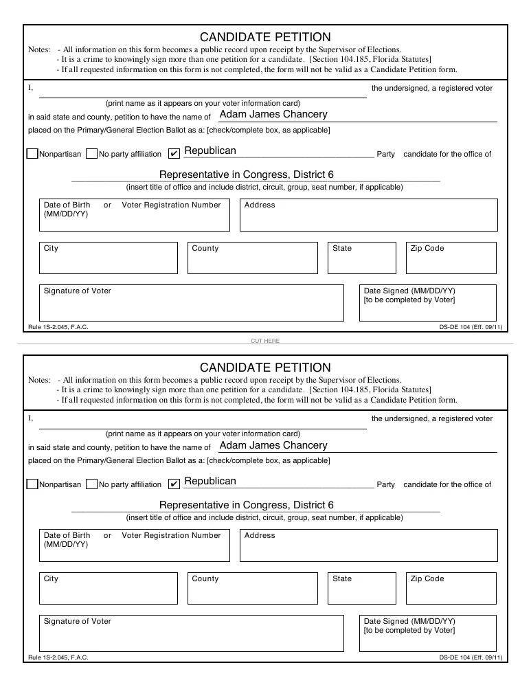Preview of the supplied Letter-size page: two prefilled Adam Chancery petitions separated by a center cut line. Open the original PDF to print.